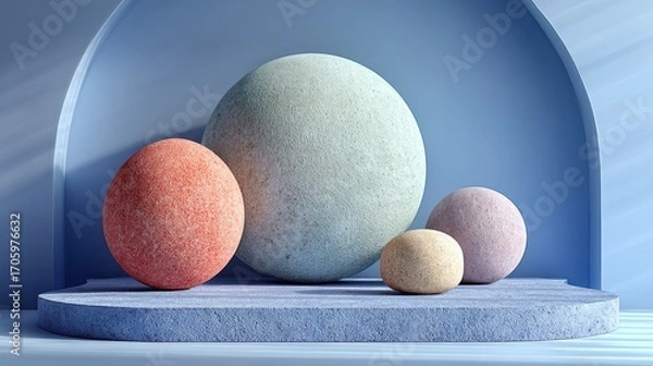 Fototapeta Abstract composition featuring textured spheres of different sizes and colors in an arch