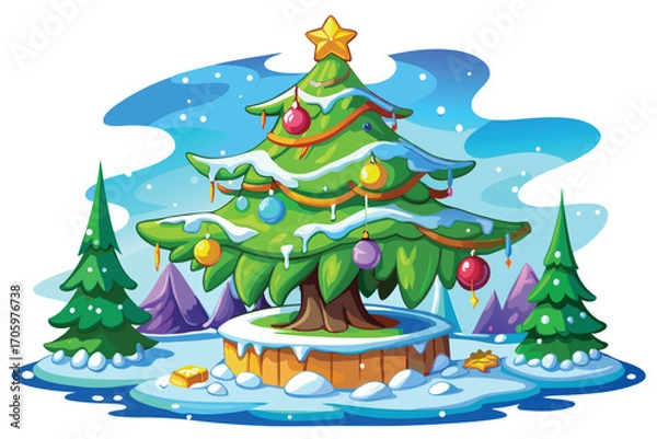 Obraz Festive Christmas Scene with Decorated Tree and Snowy Landscape in a Whimsical Cartoon Style for Holiday Cheer