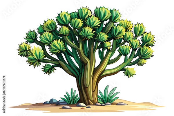 Obraz Whimsical Desert Tree Illustration A Cartoon Style Joshua Tree with Green and Yellow Foliage Growing on a Sandy Landscape