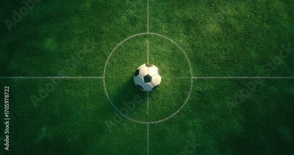 Fototapeta Bird's-eye view of a soccer ball in center circle on a green grass field with white lines crossing at the center point
