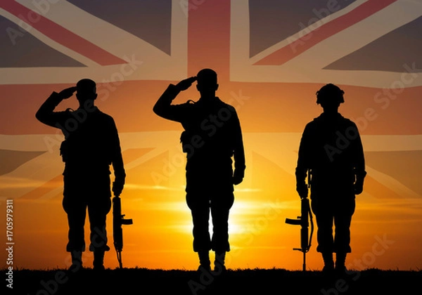 Fototapeta ​A symbolic and moving photograph of British armed forces, creating a sense of national pride and remembrance at dusk.