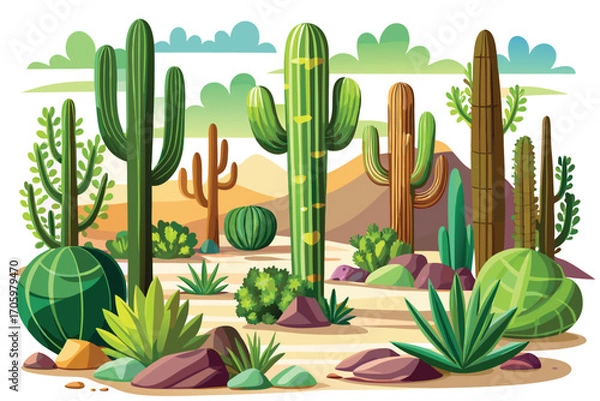 Obraz Vibrant Desert Landscape with Various Cacti and Lush Greenery in a Cartoon Style Illustration with Muted Clouds