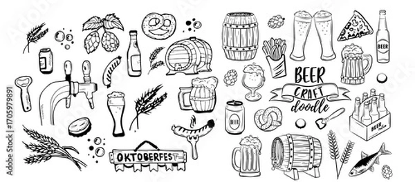 Fototapeta Beer brewery icons collection. Glasses, bottle, barrel hand drawn elements for pub, bar menu. Vector sketch illustration