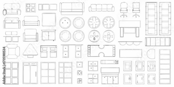 Fototapeta Collection of architectural drawings and furniture elements for interior design planning and layout