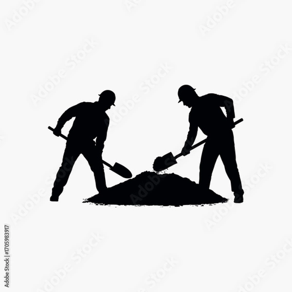 Obraz Two construction workers silhouettes digging dirt with shovels on white background vector