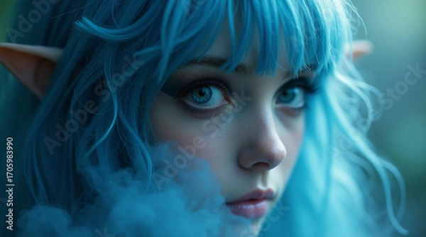 Fototapeta A fairy-tale portrait of an elf maiden with blue hair and delicate facial features, surrounded by mist, creates an atmosphere of mystery and fantasy