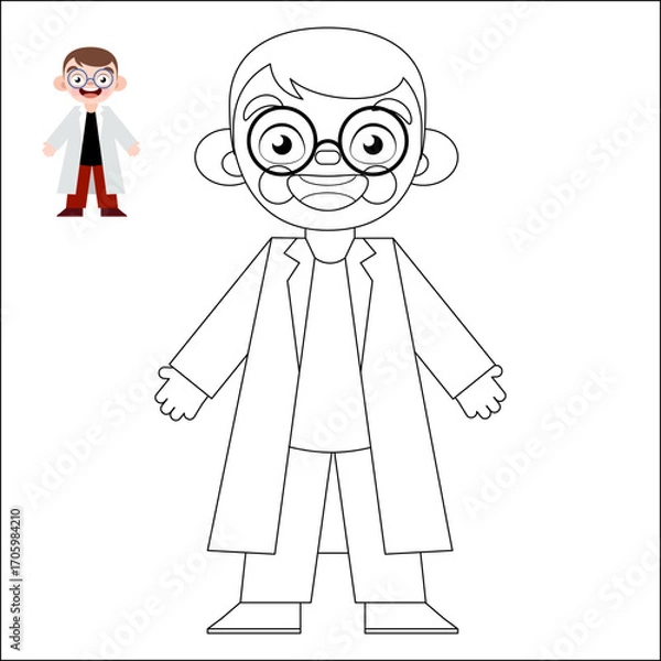 Fototapeta 
Coloring page with a picture of a scientist. Profession. Coloring page for children.