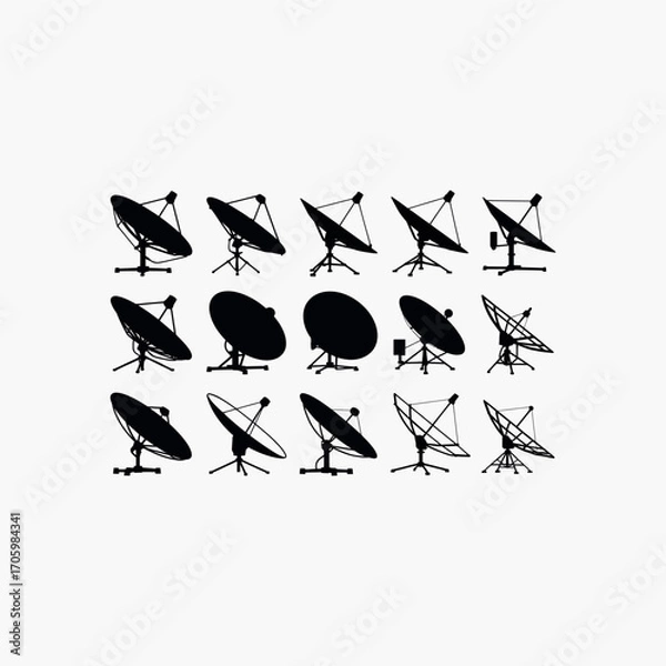 Obraz Collection of black satellite dish silhouettes on a white background antenna communication