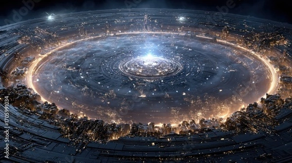 Fototapeta Futuristic Alien City with Advanced Technology and a Glowing Energy Source