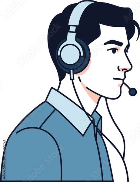 Fototapeta Vector illustration of man with headset in profile view