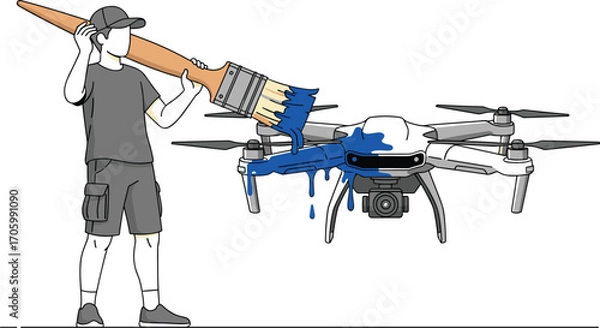 Fototapeta Man paints drone with blue paint using oversized paintbrush