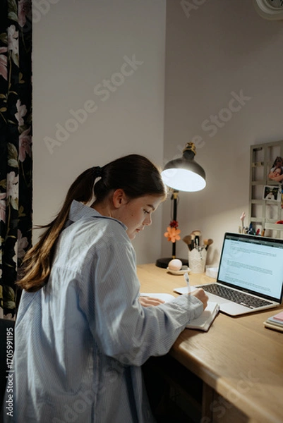 Fototapeta A young student focuses on her studies at a wooden desk during nighttime. She writes in a notebook while a laptop illuminates the space with a warm glow.