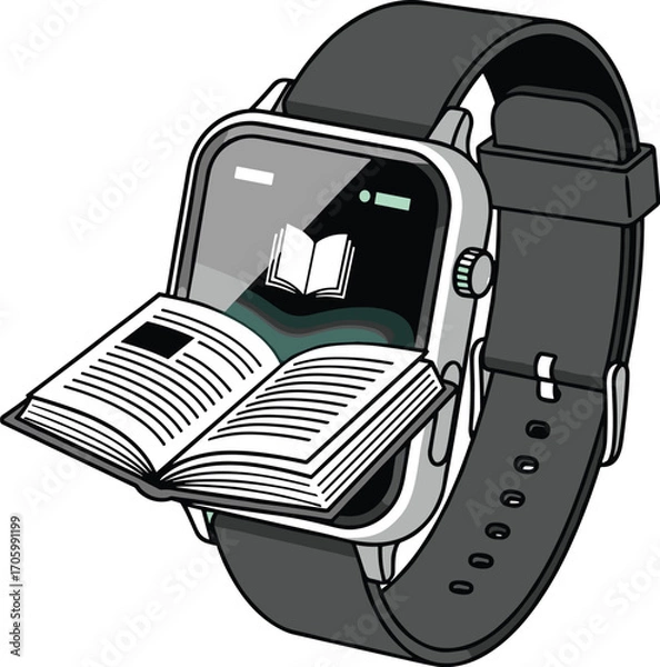 Fototapeta Cartoon smartwatch with open book icon on screen, reading concept