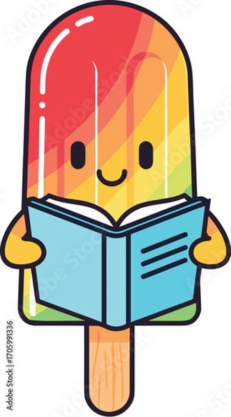 Fototapeta Cartoon popsicle with happy face holding open book, vector illustration