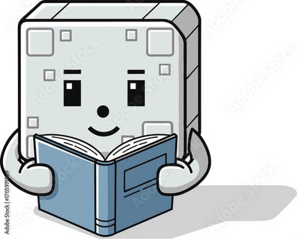 Fototapeta Cartoon robot reading blue book with hands