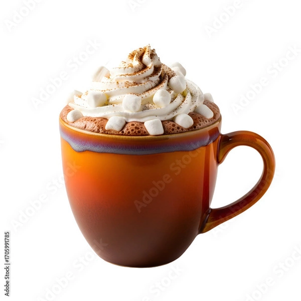 Fototapeta Delicious hot chocolate topped with whipped cream and marshmallows in a beautiful mug on a white background