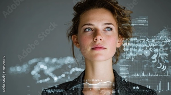 Fototapeta Woman Looking Up with Futuristic Data Overlay, Technology and Innovation Concept
