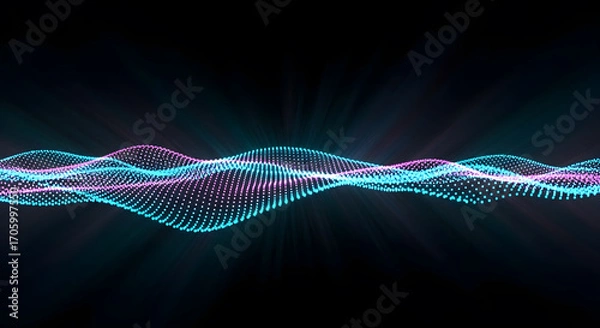 Fototapeta Abstract glowing digital sound wave with blue and pink particles on black background