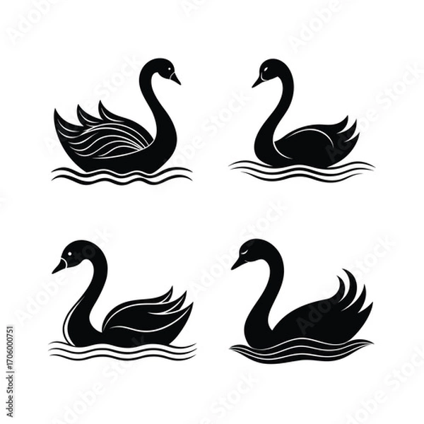 Obraz Four black swan silhouettes on white background art