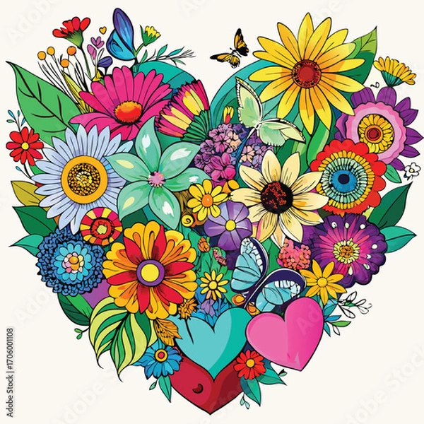 Obraz Vibrant Floral Heart An Exuberant Display of Nature's Beauty With Butterflies and Hearts All Arranged in a Heart Shape
