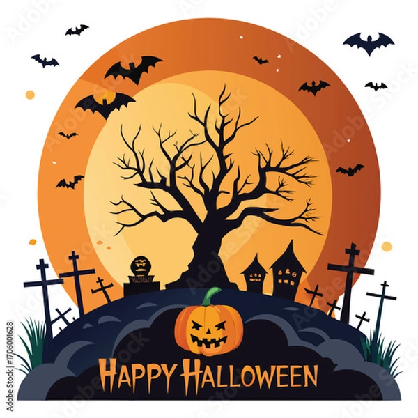 Obraz Spooky halloween night landscape with a large glowing orange moon and silhouetted trees