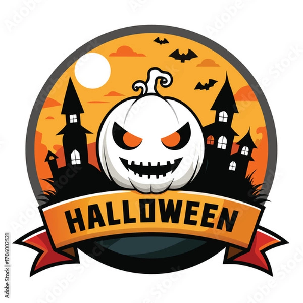 Obraz Halloween emblem with a white pumpkin and spooky elements