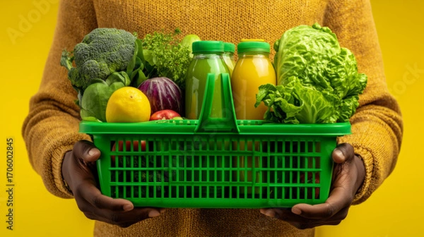 Obraz Person holding a green basket filled with various fruits vegetables and juice on a yellow background