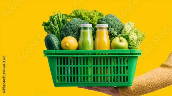 Obraz Hand holding a green basket filled with fruits vegetables and juice on a yellow background