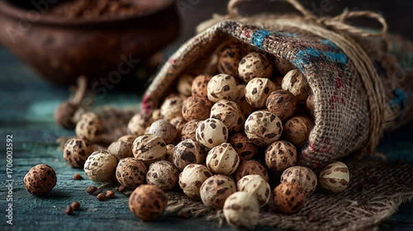 Obraz A burlap sack filled with tiger nuts spilling onto a textured surface with a wooden bowl behind it