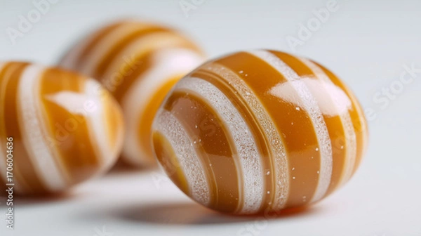 Obraz A close up view of three striped caramel candies on a white surface in soft studio lighting