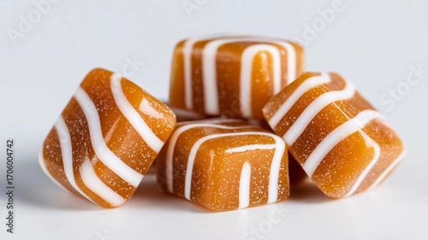 Obraz A close up of a small pile of caramel candies with white stripes on a white background surface view