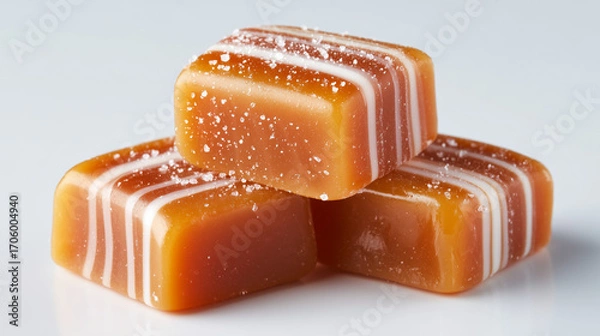 Obraz A stack of three caramel candies with white stripes and salt on a white background surface close up