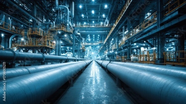 Fototapeta Industrial Interior of a Factory with Pipes, Structures and Metallic Installations