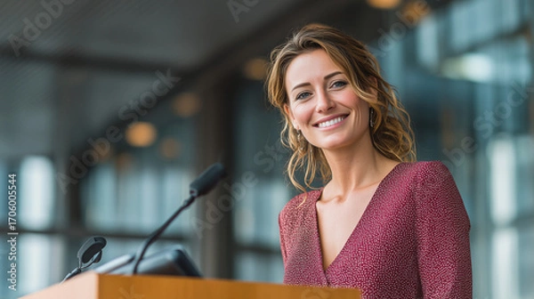 Obraz Smiling woman in red dress standing behind a wooden podium with microphones in a bright room
