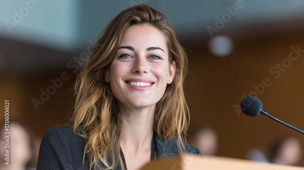 Obraz Smiling woman presenting at a podium with a microphone in front of an audience at a conference event