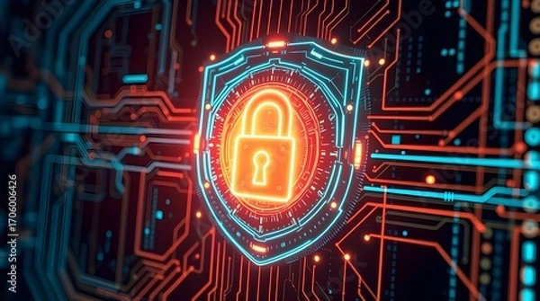 Fototapeta Advanced AI Cybersecurity Firewall with Neon Digital Shield, Encrypted Data Streams, and Futuristic Holographic Protection Network