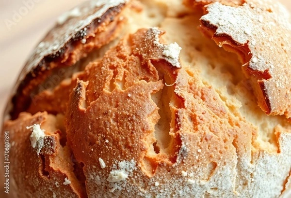 Fototapeta Close-up of rustic sourdough bread, crusty and golden brown,   dinner,   baking