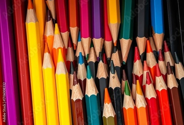 Fototapeta Assortment of colored pencils, sharpened points, various hues,  office supplies,  stationery