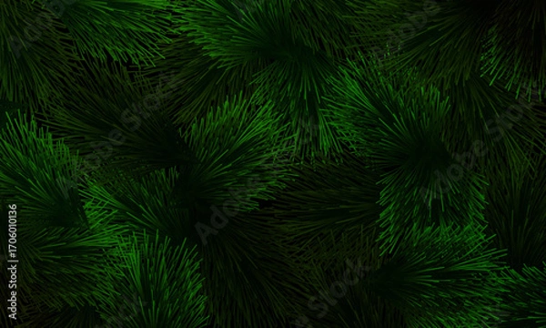Fototapeta Green pine needles pattern on dark background. artistic natural background.