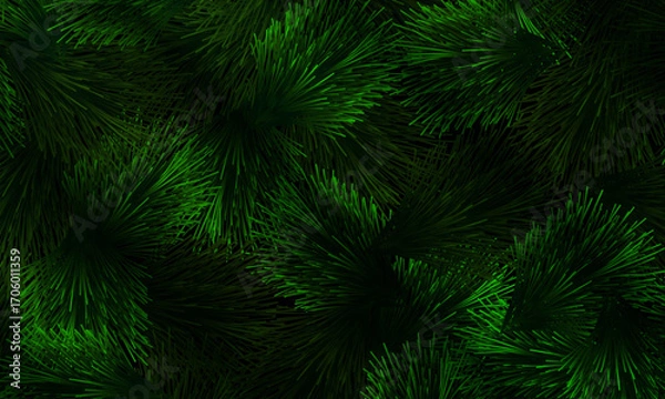 Fototapeta Green pine needles pattern on dark background. abstract botanical illustration.