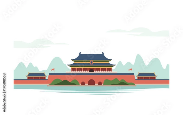 Fototapeta Simplified Illustration of Tiananmen Gate in Beijing, China, Featuring Traditional Architecture, Walls, Water, and Mountains in a Minimalist and Clean Flat Design Style