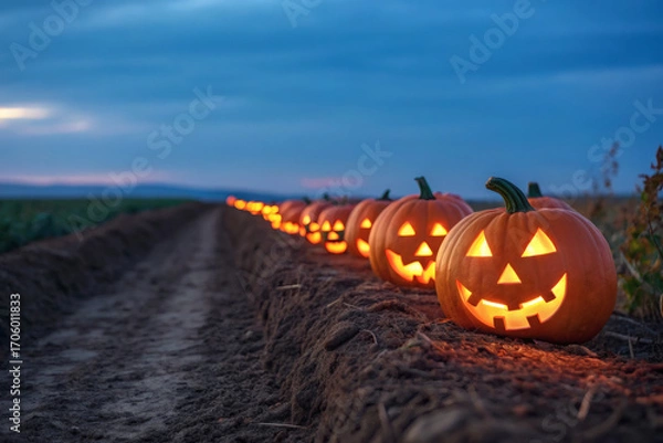 Fototapeta Glowing Jack-o’-Lanterns in Twilight Field – Halloween Pumpkin Line with Evening Sky Photograph