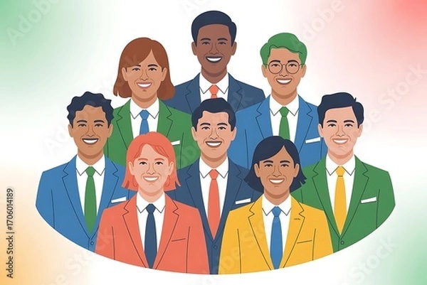 Fototapeta Diverse business team illustration with smiling professionals in colorful suits, teamwork, corporate diversity, office colleagues, business group portrait