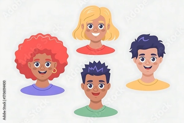 Fototapeta Diverse Young People Avatars Cartoon Characters Vector Illustration Colorful Hair Styles Happy Faces User Profile Icons Flat Design Set