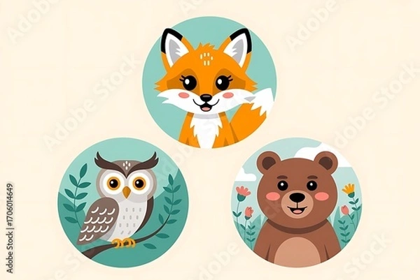 Fototapeta Cute animal avatars set with fox owl and bear in flat design style for kids apps nature themes and wildlife illustration projects
