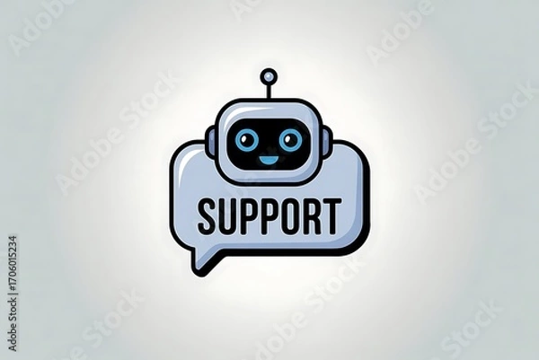 Fototapeta Cute cartoon robot with support speech bubble, customer service chatbot illustration, AI assistant help desk vector graphics