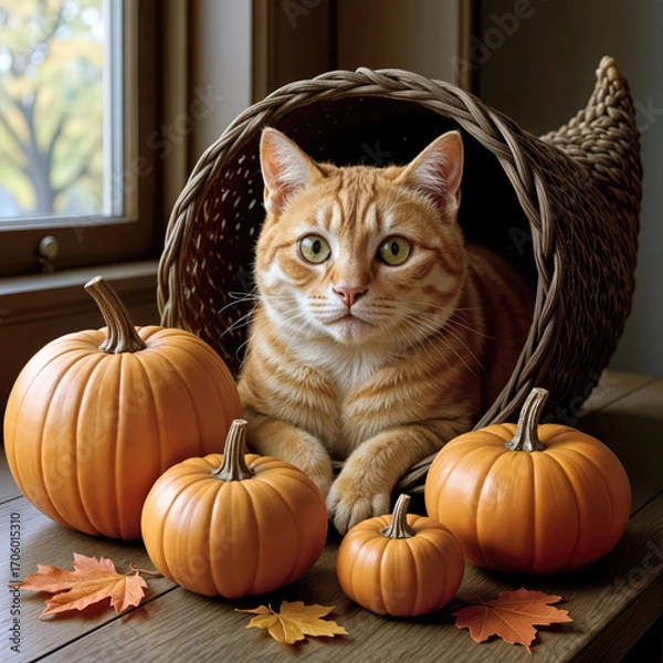 Fototapeta A cute ginger cat is comfortably nestled in a wicker cornucopia basket, surrounded by vibrant orange pumpkins and the warm hues of autumn leaves