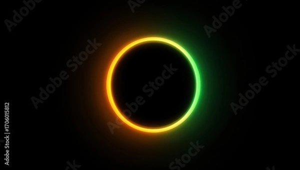 Fototapeta Vibrant, glowing neon circle design with orange and green hues against a striking black backdrop.