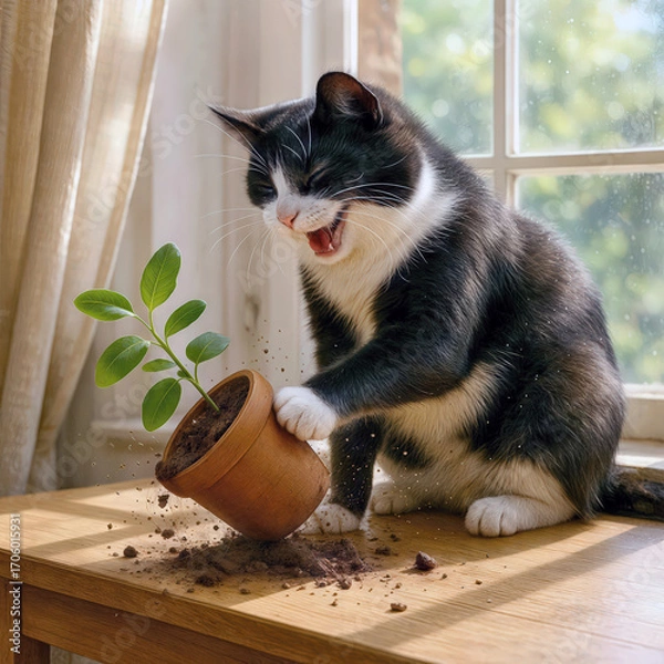 Fototapeta A mischievous black and white cat energetically knocks over a potted plant on a charming wooden table, while warm sunlight pours in through the window, enhancing the delightful scene 