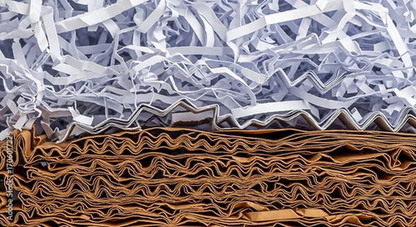 Fototapeta Shredded paper and corrugated cardboard layers close up texture background